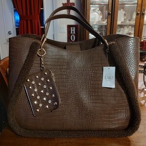 Cato Dark Brown Croc-Embossed Tote with Studded Charm